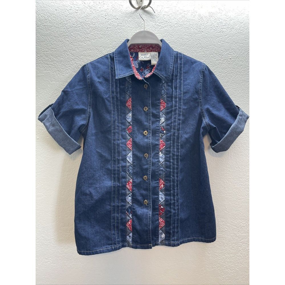 Women's Vintage Koret City Blues Petite Denim Short Sleeve Cotton Shirt Size Med